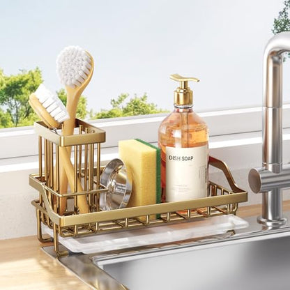 Consumest Sink Caddy, Kitchen Sponge Holder with Dish Brush Holder, Kitchen Sink Organizer with Drip Tray for Countertop, Stainless Steel Rustproof - Gold - color: Gold