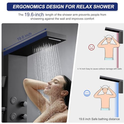 ROVATE 4-in-1 Rainfall Waterfall Shower Panel Tower System, Matte Black | Shower Column with Body Massage Jets and Handheld, Stainless Steel High Pressure, Use Multiple Functions Simultaneously - color: Matte Black