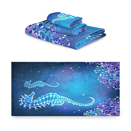 ALAZA Towel Bathroom Sets,Dreamy Glowing Seahorse Towels 3-Piece 1 Bath Towel 1 Washcloth 1 Hand Towel, Bath Towel Set of 3 Soft Multifuntion for Home Kitch - color: Multi23