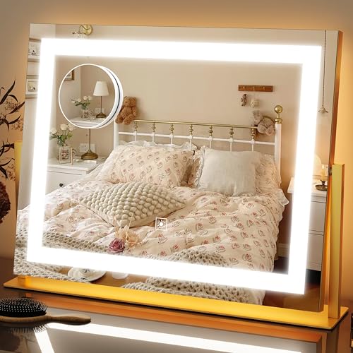 FENNIO Vanity Mirror with Lights 22''x18'' Makeup Mirror with Lights,Lighted Makeup Mirror with 10X Magnification ，Smart Touch Screen with 3-Color Lighting,Dimmable（Square Gold） - color: Gold, size: 22"L x 18"W