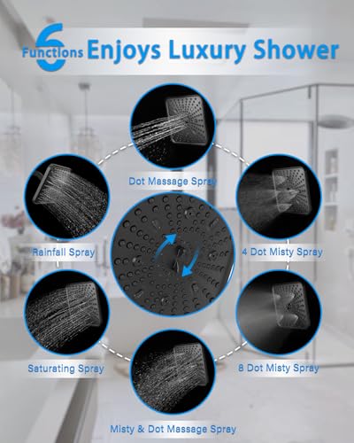 Square Shower Head, 6 Spray Modes High Pressure 10 Inch Black Shower heads, Rainfall & Massage Anti-Clog Nozzles Easy-Clean Surface for Spa Experience, Large Shower Head - color: Matte Black