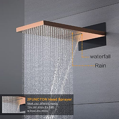 Cascada 9”x22” Contemporary shower system (Wall Mounted) with Single Handle Valve & 3 function (Rainfall, Waterfall & Hand Shower) (Rose Gold) - color: Rose Gold