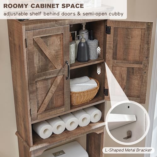 67" Farmhouse Over Toilet Storage Bathroom Cabinet, Rustic Brown | Double Barn Doors, Adjustable Shelf, Open Cubby, Weathered Finish - color: Rustic Brown