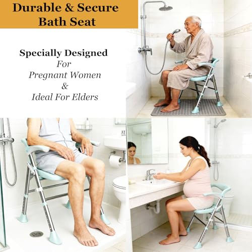 Shower Chair, Shower Chair for Elderly & Disabled, Heavy Duty Bath Stool with Arms and Back, Adjustable Height, Non-Slip Shower Bench Seat, Safe Foldable Bath Assist for Seniors Inside Bathtub Shower