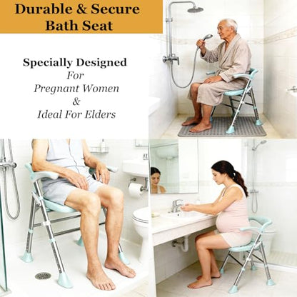Shower Chair, Shower Chair for Elderly & Disabled, Heavy Duty Bath Stool with Arms and Back, Adjustable Height, Non-Slip Shower Bench Seat, Safe Foldable Bath Assist for Seniors Inside Bathtub Shower