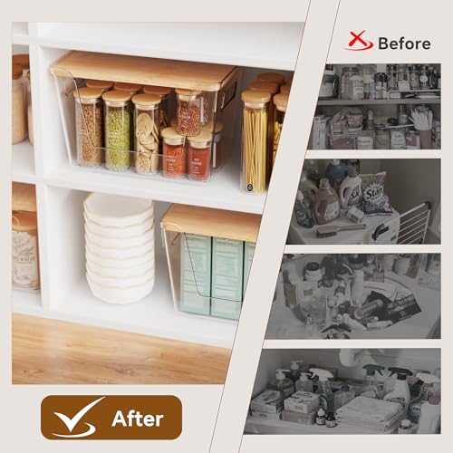 2 Set Pantry Organizers and Storage with Bamboo Lids, Stackable Clear Bins for Onion, Potato, Fruit, Vegetables, Trash Bag Dispenser, Kitchen and Under Sink Organizer - size: 2 Pack Large