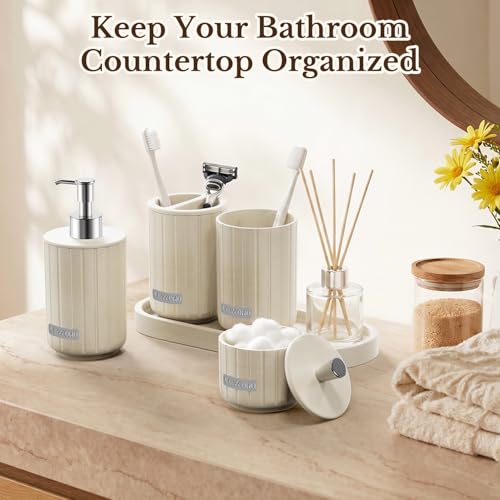 Cream Bathroom Accessory Set 5 Piece with Soap Dispenser, Storage Jar, Bathroom Counter Tray, Toothbrush Holder and Toothbrush Cup, Modern Stone-Effect Bathroom Countertop Decor Bath Sets