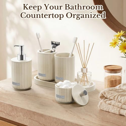 Cream Bathroom Accessory Set 5 Piece with Soap Dispenser, Storage Jar, Bathroom Counter Tray, Toothbrush Holder and Toothbrush Cup, Modern Stone-Effect Bathroom Countertop Decor Bath Sets