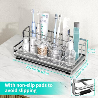 HapiRm Toothbrush Holders for Bathroom - 5 Partitions Bathroom Counter Organizer with Instant Drying Stone, Stainless Steel Countertop Storage Electric Toothbrush Toothpaste Holder - Silver - color: Silver
