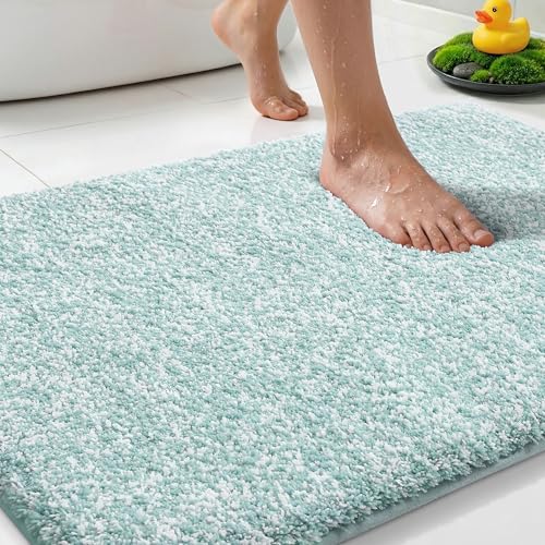 Yimobra Cushioned Anti-Fatigue Bathroom Rug, Bath Mat Non Slip Washable, Dense Soft Microfiber for Bathroom Sink, Shower, Tired Feet Comfort, Absorbent, 32" X 20", Light Blue and White - color: Light Blue and White, size: 32" X 20"
