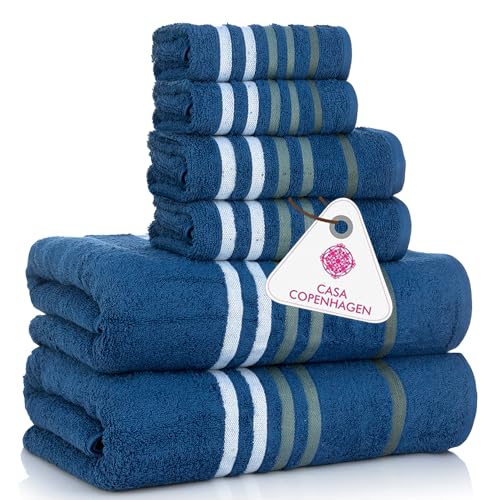 CASA COPENHAGEN Exotic 6Pcs 100% Egyptian Cotton Towels Gift Set- Navy Blue, 550GSM, 2Bath 2Hand 2Washcloths, Towels for Bathroom (Box Pack, Set for Women & Men) - color: Exotic 6 Pcs Towel Set - Navy Blue, size: 6Pcs Towel Set