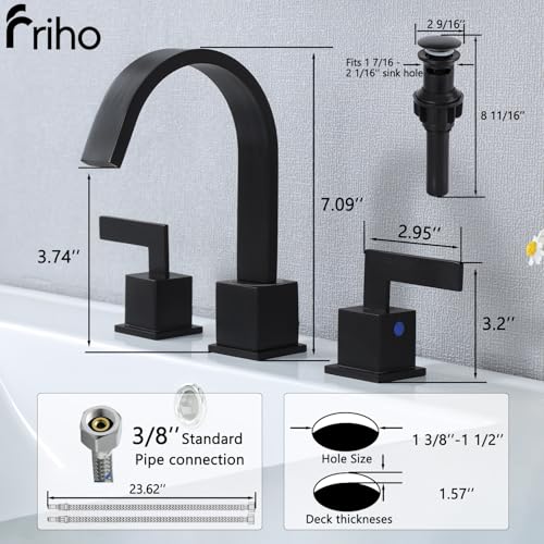 Friho Matte Black Waterfall Bathroom Faucet, 8 Inch Widespread 3 Hole Sink Faucet with 2 Handles, Pop-up Drain & Supply Lines, Stainless Steel Vanity Faucet for Bathroom - style: Thin Square