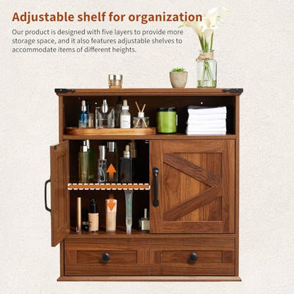 Bathroom Cabinet with Double Barn Doors – Wall Mounted Medicine Cabinet over Toilet with Adjustable Shelf & Drawer, 25" Wide Hangging Storage Cabinet for Bathroom, Kitchen, Laundry, Entryway Brown - color: Brown