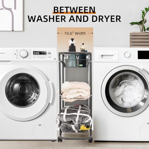 Rolling Laundry Sorter with 3 Storage Baskets and 45 L Bag, 3-Tier Laundry Caddy Between Washer and Dryer,Laundry Room Organization with Wheels and Handle for Narrow Space Bathroom Apartment Dorm | 3-Tier Laundry Caddy, Between Washer and Dryer, With Whee