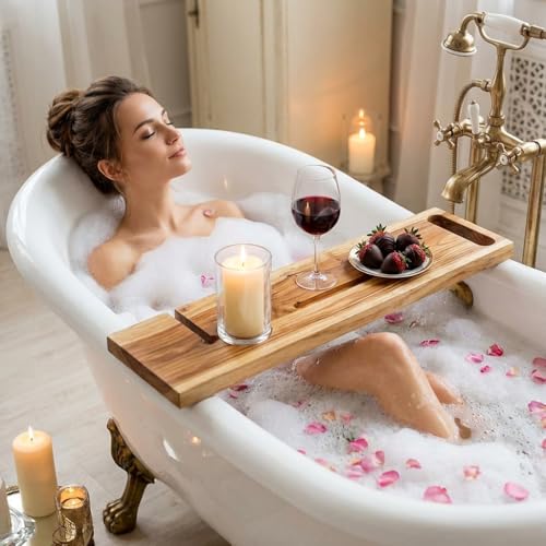 EcoDecors Eleganto 42" Live Edge Solid Teak Bath Caddy Tray with Handle, Book & Tablet Holder, Wine Glass Holders, Luxury Bathtub Tray - style: 42" Live Edge