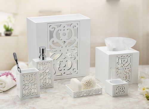 Creative Scents Mirror Janette White 6 Piece Bathroom Accessories Set | Includes Trash can, Tissue Box Cover, Soap Dispenser, Toothbrush Holder, Tumbler Cup & Soap Dish