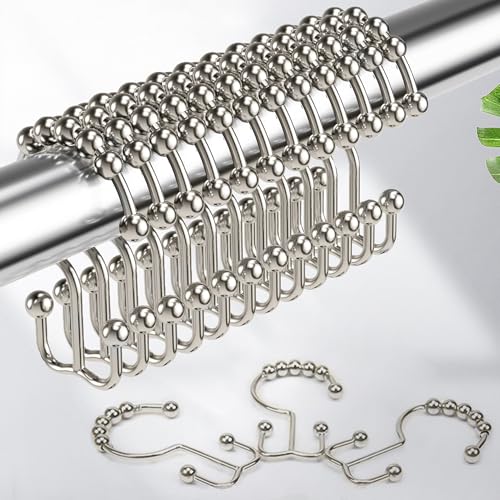 Shower Curtain Hooks Rings, Rust Resistant Metal Double Glide Shower Hooks Rings for Bathroom Shower Rods Curtains, Set of 12 Hooks - Nickel