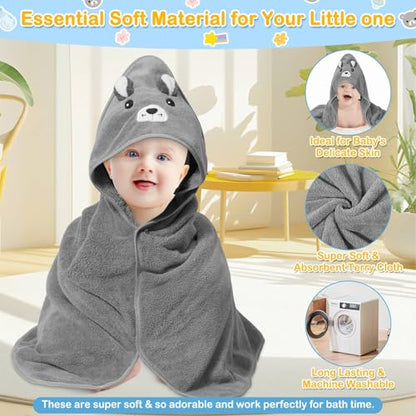 4PCS Hooded Baby Towels Set, 32x32in Baby Towels for Essentials (Gray Bear) | 1 Baby Towel & 3 Baby Washcloths Set, Cute Animal Hooded Towel, Ultra Absorbent & Soft, Cute Infant Essentials for Boy & Girl - color: Gray Bear-4pcs