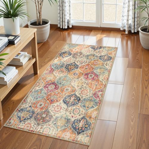 Lahome Kitchen Rugs Non Slip Washable Rugs for Entryway, 2x4 Rug Non-Slip Moroccan Trellis Ultra-Thin Indoor Door Mat Small Carpet for Bathroom Bedroom Entry Elise, Cream/Multi - color: Burnt Orange/Teal Multi, size: 2' X 4' (Rectangular)