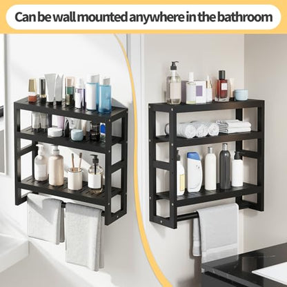 Bathroom Shelves with Hanging Bar Over Toilet Storage - Adjustable Wall Organizer (Black) - color: Black