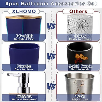 Bathroom Accessories Set, 9 Piece Navy Blue Bathroom Accessory Set with Trash Can,Toothbrush Holder,Toothbrush Cup,Lotion Soap Dispenser,Vanity Tray,Soap Dish,Toilet Brush,Qtip Holder - size: Bath Set, style: Navy Blue