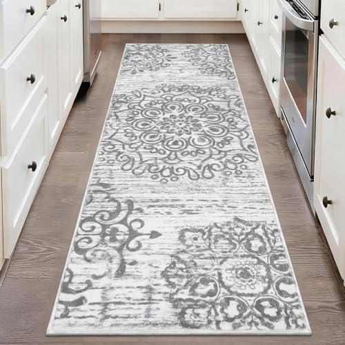 HEBE Hallway Runner Rug 2'x5', Washable Non Slip Kitchen Rug Runner | Soft Boho Bedroom Runner Rug, Vintage Distressed Low-Pile Floor Carpet Runners for Hallway, Entrance, Bathroom, Laundry - color: Grey, size: 2' x 5' (Rectangular)
