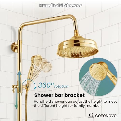 gotonovo Exposed Shower System Wall Mount,Polish Gold,Metal Handheld | 8” Rain Shower Head Faucet Set Fixtures,2 Function,Two Cross Handle,Height Adjustable,for 5-6.7" Hole,Indoor Victorian Retro - color: Bright Gold