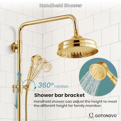 gotonovo Exposed Shower System Wall Mount,Polish Gold,Metal Handheld | 8” Rain Shower Head Faucet Set Fixtures,2 Function,Two Cross Handle,Height Adjustable,for 5-6.7" Hole,Indoor Victorian Retro - color: Bright Gold
