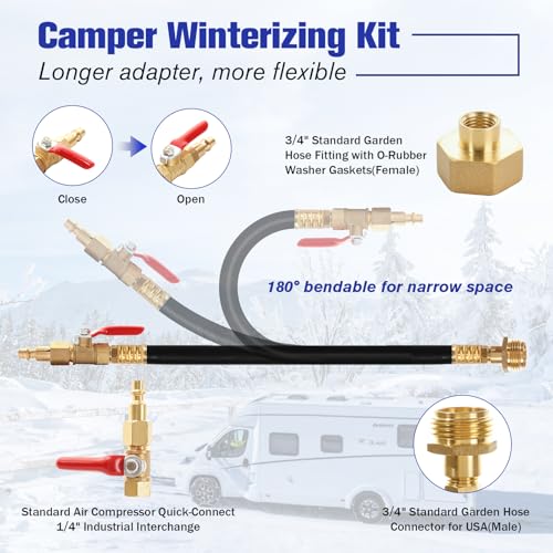 rv winterizing kit, 16.9" RV Water Blowout, Sprinkler Winterizing Blowout Kit with Shut Off Valve, Air Compressor Quick-Connect Plug Water Blow Out Fitting Adapter for Winterizing RV, Boat, Camper - style: Basic