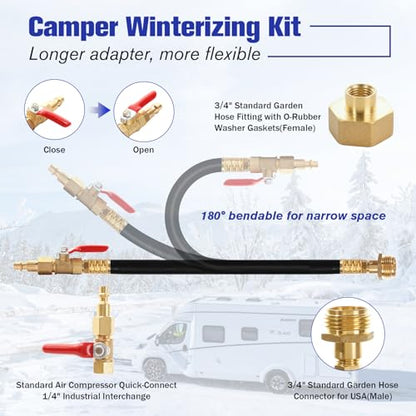 rv winterizing kit, 16.9" RV Water Blowout, Sprinkler Winterizing Blowout Kit with Shut Off Valve, Air Compressor Quick-Connect Plug Water Blow Out Fitting Adapter for Winterizing RV, Boat, Camper - style: Basic