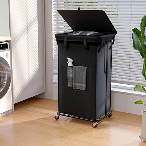 100L Laundry Hamper with Lid & Wheels, Rolling Laundry Basket with Bag | Sturdy Metal Frame | Laundry Bag with Handles| Large Clothes Hampers for Laundry Room, Bedroom, Dorm, Bathroom-Black - color: Black, size: 26GAL