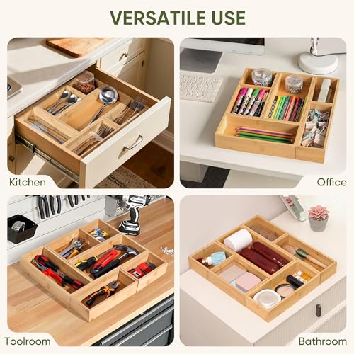 Bamboo Drawer Organizers Set with Removable Dividers, 5PCS Adjustable Multi-Use Wood Storage Organizers(5-9 Grids), Desk Drawer Tray for Bathroom, Office, Dresser, Storage Box for Jewelry, Makeup - size: 5-9 Grids