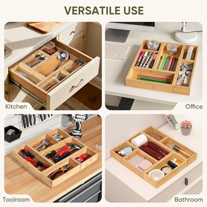 Bamboo Drawer Organizers Set with Removable Dividers, 5PCS Adjustable Multi-Use Wood Storage Organizers(5-9 Grids), Desk Drawer Tray for Bathroom, Office, Dresser, Storage Box for Jewelry, Makeup - size: 5-9 Grids