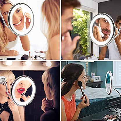 Makeup Mirror with LED Light and Suction Cup 360 Degree Swivel Flexible Gooseneck 10X Magnifying Mirror Travel and Home Bathroom Vanity Mirror (White)