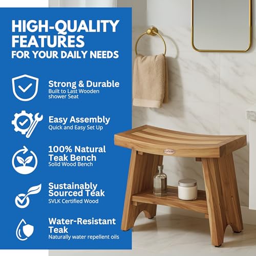 EcoDecors Serenity 24-Inch Teak Shower Bench with Shelf, 300 lb | Supports up to 300 lb with adjustable non-slip feet for stable, secure seating in showers and bathrooms - size: 24" shelf