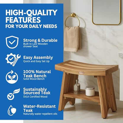 EcoDecors Serenity 24-Inch Teak Shower Bench with Shelf, 300 lb | Supports up to 300 lb with adjustable non-slip feet for stable, secure seating in showers and bathrooms - size: 24" shelf