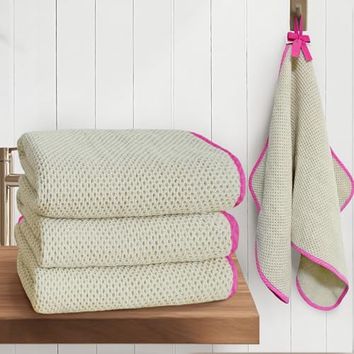 VOOVA & MOVAS Bathroom Hand Towels 4 Pack, 100% Cotton, 28x16 in, Beige | Ideal for Bathroom Daily Essentials, Built-in Hanging Loop, Pink Piping, Waffle Weave Texture - color: Pink Piping, size: 4PC Hand Towels (16"x28")