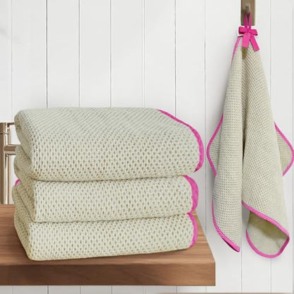 VOOVA & MOVAS Bathroom Hand Towels 4 Pack, 100% Cotton, 28x16 in, Beige | Ideal for Bathroom Daily Essentials, Built-in Hanging Loop, Pink Piping, Waffle Weave Texture - color: Pink Piping, size: 4PC Hand Towels (16"x28")
