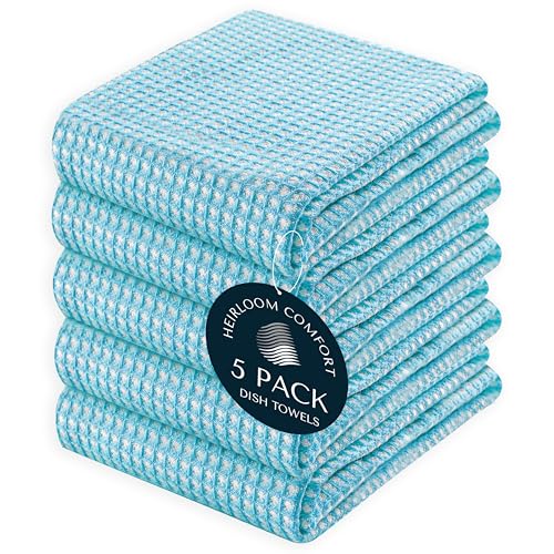 5 Pack Dual Tone Waffle Weave Kitchen Towels, 16x26 Inch, 100% Cotton, Super Absorbent, Fast Dry Dishcloth Set, Soft and Durable, Aqua Blue - color: Aqua Blue, size: 16 x 26 - Pack of 5