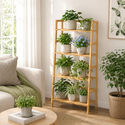 Bamboo Ladder Shelf, 4-Tier Wooden Ladder Bookshelf & Bookcase Organizer | 50” Freestanding Open Display Storage Shelves, Wood Plant Stand Rack for Small Space, Bathroom, Living Room, Bedroom - color: Natural