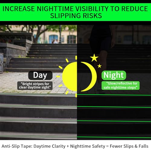 Glow in Dark Anti Slip Tape, 1" x 35FT Heavy Duty Waterproof Safety Grip Tape for Stairs, Pool, Bathroom - Black & Glow Stripe Indoor/Outdoor Multi-Purpose Traction Tape - size: 1 Inch x 35 Feet