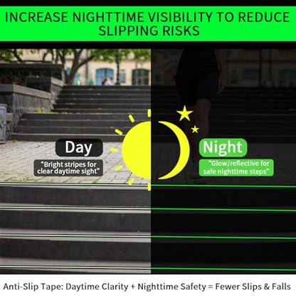 Glow in Dark Anti Slip Tape, 1" x 35FT Heavy Duty Waterproof Safety Grip Tape for Stairs, Pool, Bathroom - Black & Glow Stripe Indoor/Outdoor Multi-Purpose Traction Tape - size: 1 Inch x 35 Feet