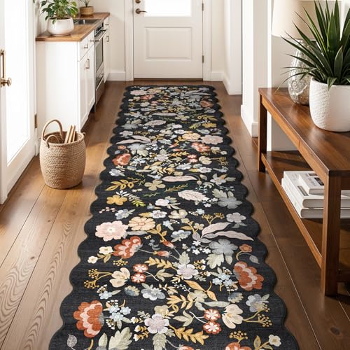 3x15 Hallway Runner Rug Washable: Scalloped Floral Long Kitchen Rug Black | 15ft Non Slip Indoor Floor Rugs for Entryway Hall - Boho Stain Resistant Soft Carpet Runner for Living Room Bedroom - color: Black, size: 3' x 15' (Runner)
