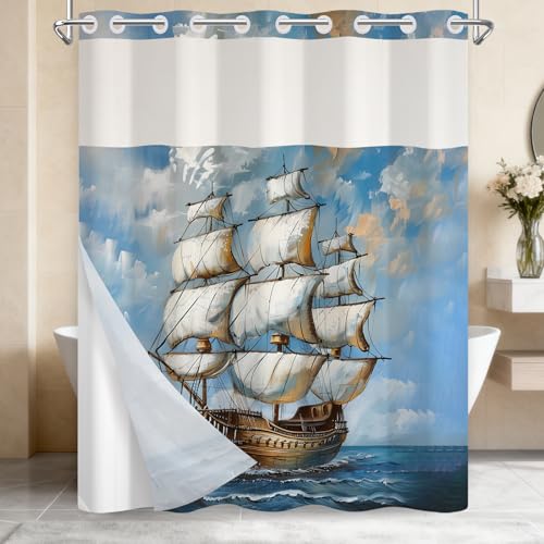 Nautical Blue Shower Curtain with Removable Liner, Shower Curtain No Hooks with See Through Window, Double Layer Fabric Shower Curtains, Coastal Voyage Ship Design for Bathroom Decor, 71x74 Inch - color: Ocean Voyage