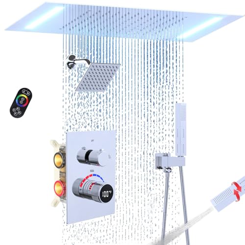 Digital Display Shower Faucet Set Dual Heads LED Shower System | 14X20" LED Ceiling Shower with Light Remote & 6" Wall Mounted Shower Head & Dual Function Handheld Shower, Chrome - color: Chrome