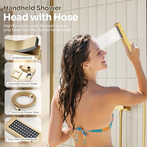 Gold Shower Faucet Set, Brushed Gold Shower System, 10'' Ceiling Shower Head and 6'' Wall Mounted ShowerHead, Dual Gold Shower Head with Handheld Combo, 3 In 1 Push Button Shower Diverter Valve - color: Brushed Gold