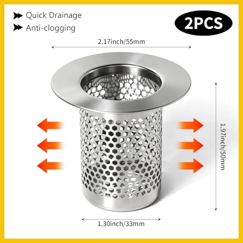 Bathroom Sink Drain Strainer, 304 Stainless Steel Hair Catcher for Bathtub Shower Floor Drain, Bathtub Drain Cover Strainer Basket Fit 1.3" to 2.17" Drain Hole (2PCS) - size: Medium