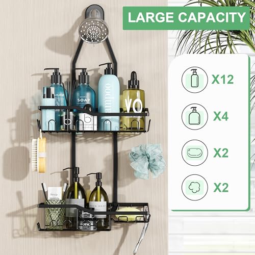 Shower Caddy Hanging,Rustproof Anti-Swing Shower Organizer,2 Tier Hanging Bathroom Caddy Anti-swing and Non-slip,Bathroom Organizer with 18 Hooks for Razor/Sponge (Black, Large)