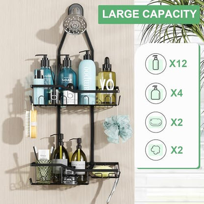 Shower Caddy Hanging,Rustproof Anti-Swing Shower Organizer,2 Tier Hanging Bathroom Caddy Anti-swing and Non-slip,Bathroom Organizer with 18 Hooks for Razor/Sponge (Black, Large)