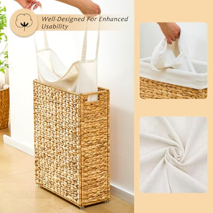 Handwoven Slim Laundry Hamper, 55L Narrow Laundry Basket, Natural Water Hyacinth Basket and Handles and Removable Liner Bag & 2 Mesh Bags (Natural, 55L) - color: Natural, size: 55L